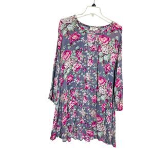 Umgee USA Pink Purple Floral Trapeze Mini Dress 3/4 Sleeve Relaxed Hippie XL